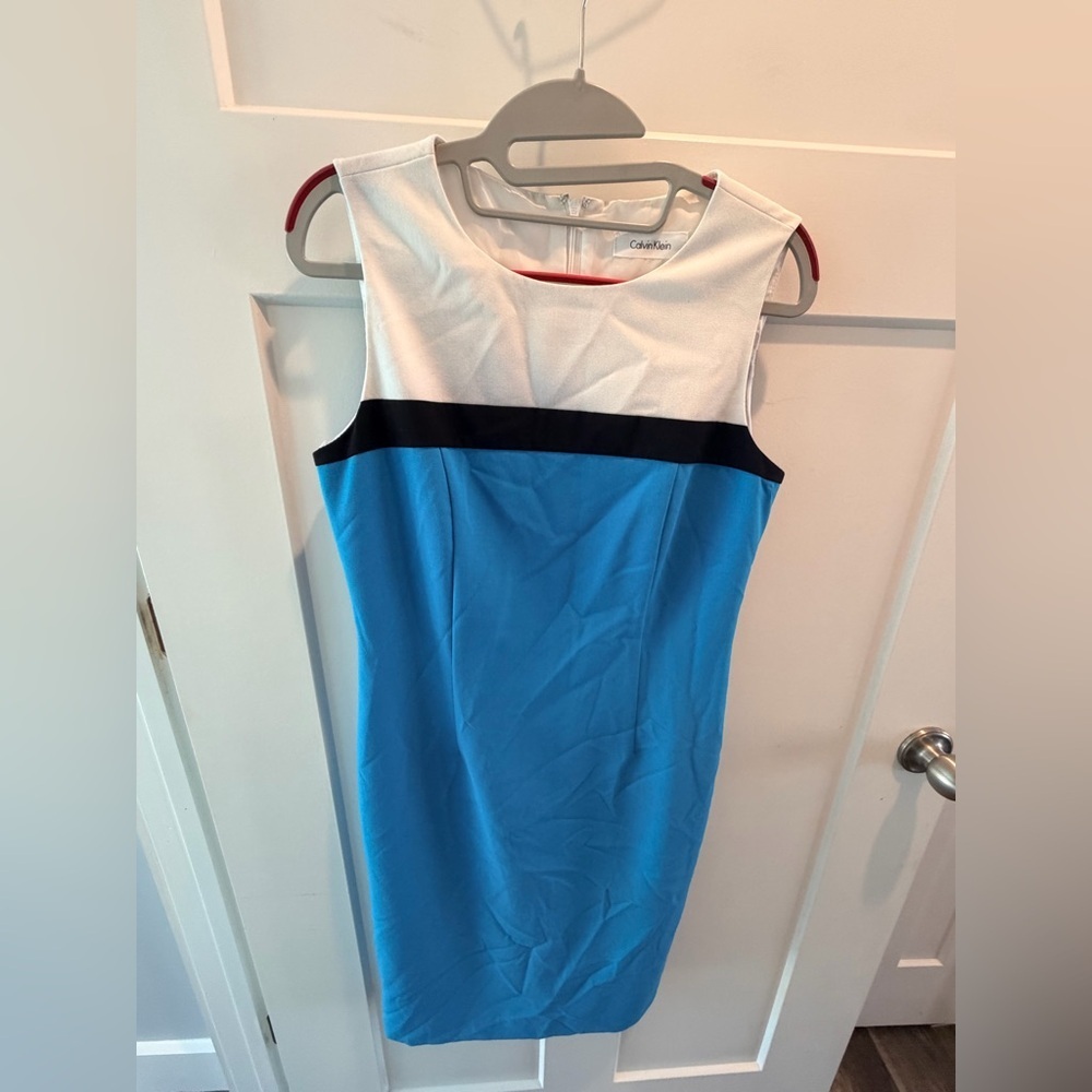 Calvin Klein Colorblock Sheath Dress White Teal Blue Black Sleeveless 4 Lined